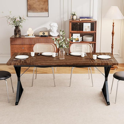 Farmhouse Dining Table for 6 People, 70.8 Inch Rectangular Wood Dining Table, Rustic Kitchen Table with Extra Heavy Duty Metal Legs for Dining Room-Walnut