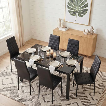 Gizoon Glass Dining Table Sets for 6, 7 Piece Kitchen Table and Chairs Set for 6 Person, PU Leather Modern Dining Room Sets for Home, Kitchen, Living Room
