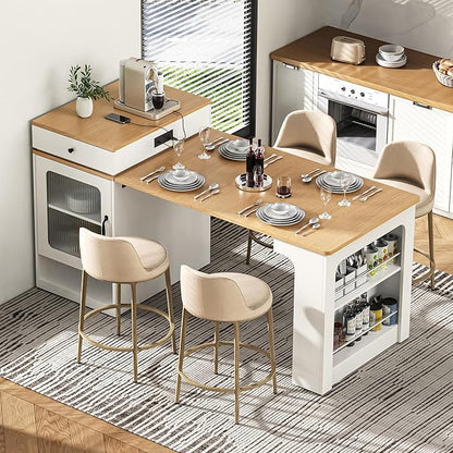 Modern Dining Table Kitchen Island with Extendable Table, Double-Sided, 2 Drawers, Power Outlet, Side Open Shelves, Wood Counter, Console,White-Wood