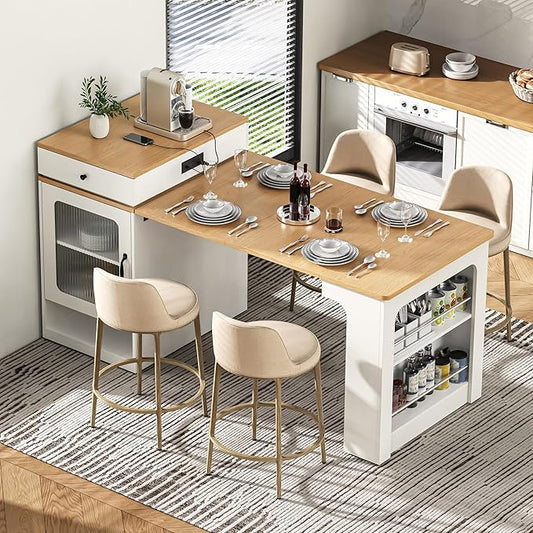 Polibi 59.5" Kitchen Island with Extendable Dining Table, 2 Drawers, Power Outlet (USB/C), Double-Sided Storage & Side Open Shelves,Kitchen Storage Table for Dining Room,White