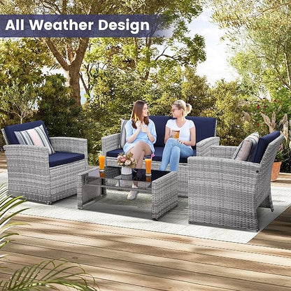 KROFEM 4-Piece Patio Furniture Set, Wicker Outdoor Rattan Sectional Sofa with Cushions and Glass Table, All-Weather Outdoor Conversation Set, Ideal for Garden, Porch, Backyard, Navy