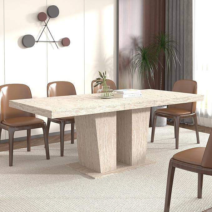 78.74" Extendable Dining Table for 6 8 10 Person, Modern Travertine Expandable Kitchen Table with Dual Column Pedestal Base, Large Rectangle Wooden Expanding Table for Kitchen Dining Conference Room