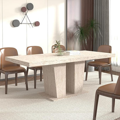 78.74" Extendable Dining Table for 6 8 10 Person, Modern Travertine Expandable Kitchen Table with Dual Column Pedestal Base, Large Rectangle Wooden Expanding Table for Kitchen Dining Conference Room