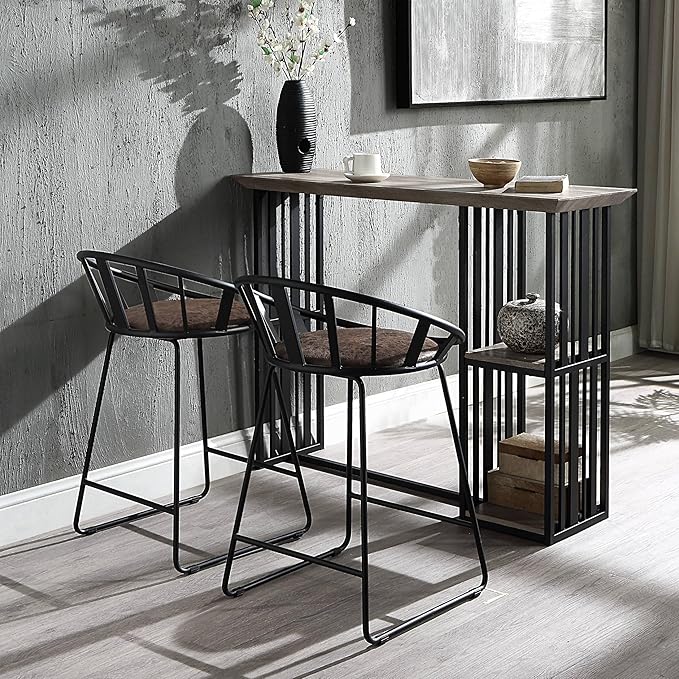 Brown & Black Counter Height Chairs for Kitchen Island, Two-Pack, Metal Sled Base & Faux Leather Upholstered Seats