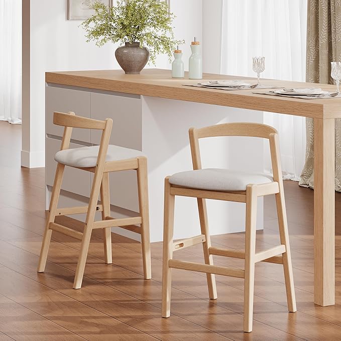 Set of 2 Bar Stools, Solid Rubber Wood Frame with Beige Polyester Cushion, Ergonomic Backrest & Smooth Lines, Modern Kitchen Island Chairs for Dining Room (Natural)