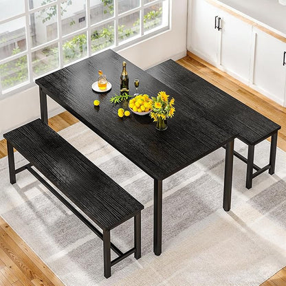 Lamerge Kitchen Table Set with 2 Benches 4 Person Dining Room Table Set for Home Kitchen, Dining Room, Restaurant, Space Saving, Black, 43.3''L x23.6''W x28.5''H (43B)
