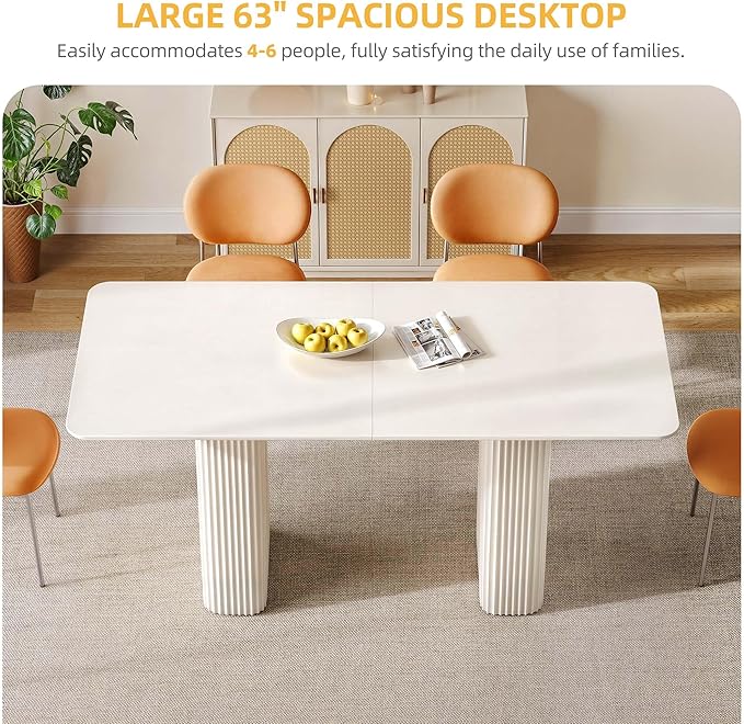 DWVO 63'' Dining Table for 4-6 People Modern Rectangular Kitchen Table with Solid Wave Curved Legs Large Cream White for Dining Room Kitchen Home Office Apartment Office White