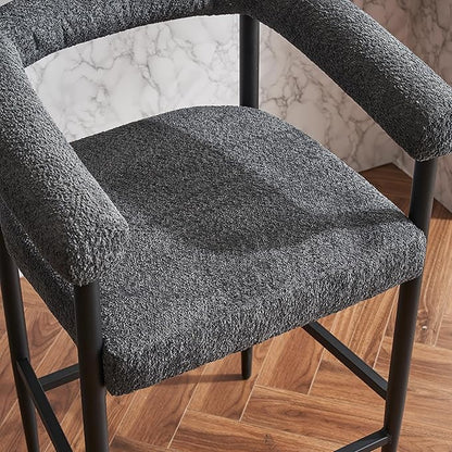 Modern Upholstered Bar Stools Set of 2, Boucle Fabric Counter Height Chairs with Metal e Armrests, Kitchen Island Bar Chairs for Home, Dining Room, Cafe,Dark Grey