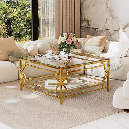 Harper & Bright Designs Square Glass Coffee Table in 33.5",Luxurious Geometric Metal Frame,Gold Finish & Lower Shelf