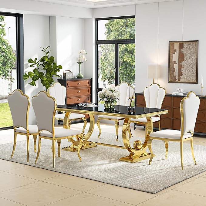 7-Piece Modern Luxury Dining Table Set, 70" Black Tempered Glass Kitchen Table with Gold Polished Stainless Steel U-Shaped Pedestal Base and 6 White Upholstered High-Back Side Chairs for Dining Room