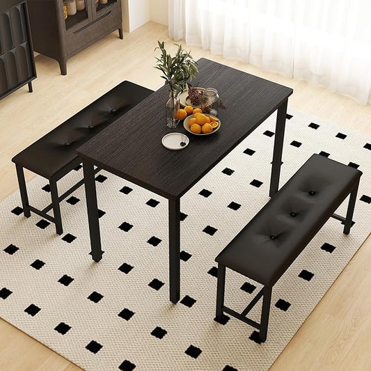 Dining Table Set for 4, Wood Kitchen Table & Chair with 2 Upholstered Benches for Breakfast Nook and Small Space, Black