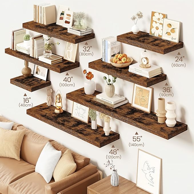 Vivelove Floating Shelves for Wall Mounted, 48 Inches Long Shelves, Display Shelf for Bathroom Living Room Kitchen Bedroom Office Farmhouse Home Decor, 48" X 9.3" X 1.5" - Set of 2, Rustic Brown