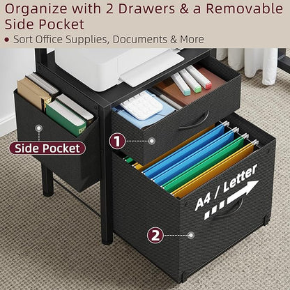 HIGDBFE 2-Drawer File Cabinet, Filing Cabinet with 2-Tier Printer Shelves, Office Cabinets with Side Bag&File Drawer for A4/Letter Size, Printer Stand with Storage for Home Office, Black, 16.5" W