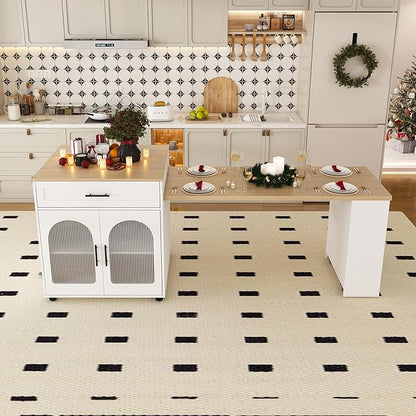 Leavader 80-inch Expandable Kitchen Island with Dining Table, Solid Wood Grain Countertop with Power Outlet, Mobile Storage Cart with Cabinet & 2 Drawers, Kitchen Prep Table