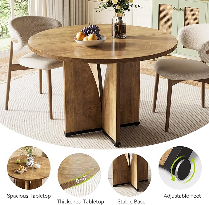 LITTLE TREE 39-Inch Dining Table for 4, Rustic Kitchen Table, Round Dining Table with X-Shaped Stable Pedestal, Farmhouse Dinner Table for Dining Room, Living Room
