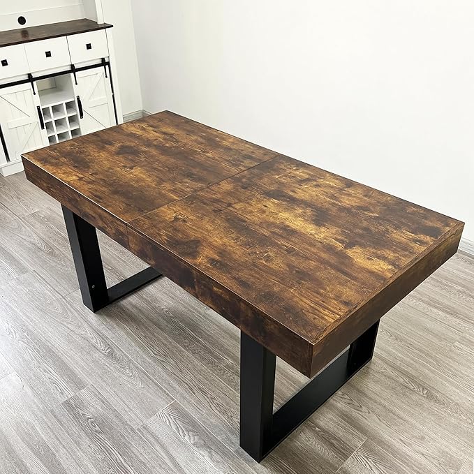 63" - 79" Extendable Dining Room Table, Expandable Kitchen Table for 6 to 10 People, Modern Wood Conference Table, Large Farmhouse Dining Table(Rustic Brown & Black, Double-U Base)