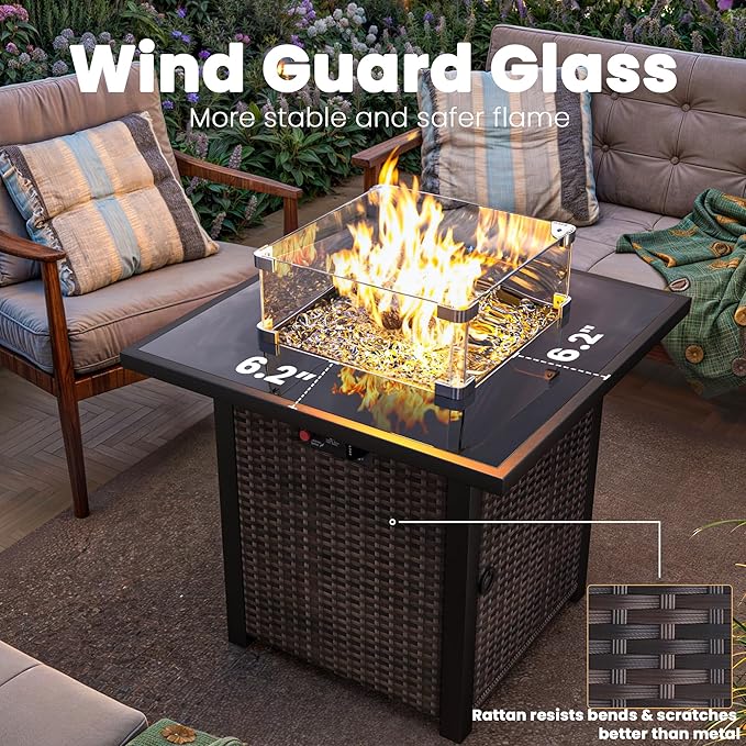 9 Piece Outdoor Patio Furniture Set with 28'' Fire Pit Table, Outdoor Sectional Furniture, Rattan & Wicker Modern Modular Conversation Set Sofa Couch W/Water Resistant Thick Cushions, Brown/Blue