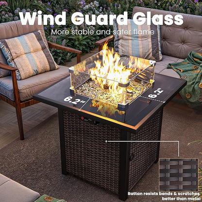 9 Piece Outdoor Patio Furniture Set with 28'' Fire Pit Table, Outdoor Sectional Furniture, Rattan & Wicker Modern Modular Conversation Set Sofa Couch W/Water Resistant Thick Cushions, Brown/Blue