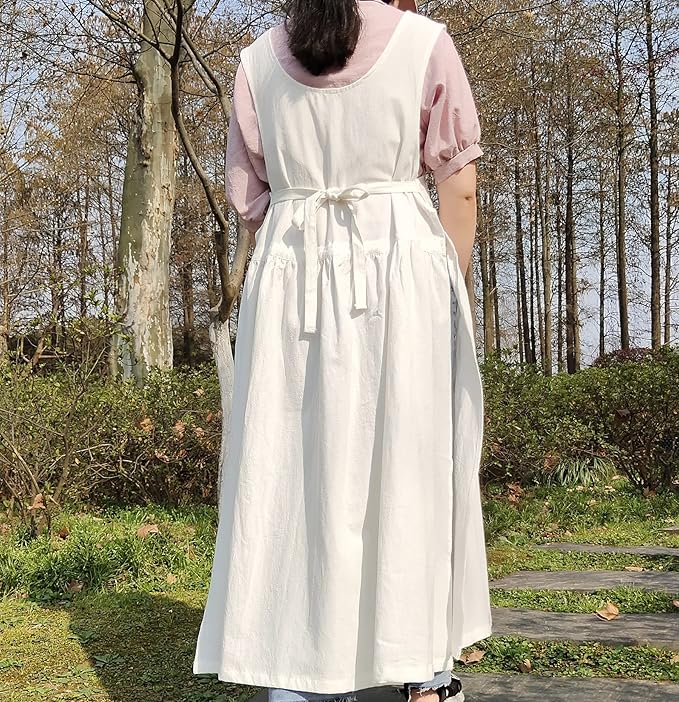 Women Plus Size Cotton Linen Vintage Pleated Split Apron Pinafore Dress with Two Pockets