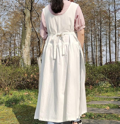 Women Plus Size Cotton Linen Vintage Pleated Split Apron Pinafore Dress with Two Pockets