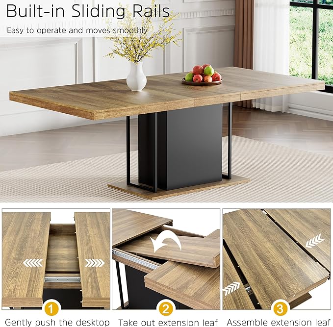 78.74" Wooden Extendable Dining Table for 8-10 People, Modern Farmhouse Expandable Kitchen Table with Black Pedestal Base, Long Large Rectangular Extendable Kitchen Dining Room Table, Brown