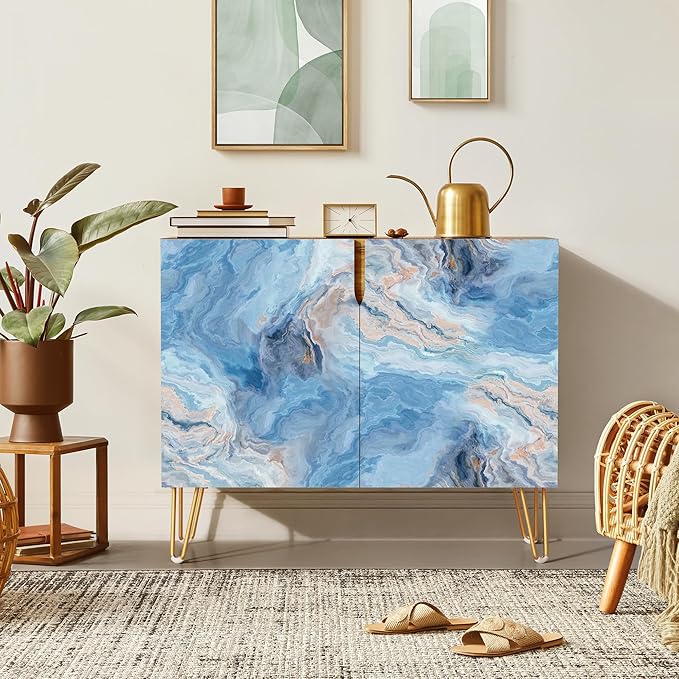 SIGNWIN Sideboard Buffet Cabinet, Kitchen Storage Cabinet with 2 Doors, Blue & Gray Marble Granite Pattern, Cupboard Console Table for Dining Room - 35" L x 18" W x 29" H