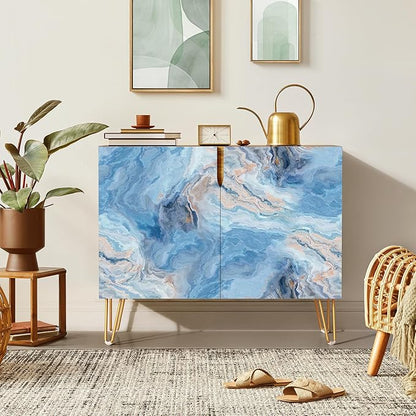 SIGNWIN Sideboard Buffet Cabinet, Kitchen Storage Cabinet with 2 Doors, Blue & Gray Marble Granite Pattern, Cupboard Console Table for Dining Room - 35" L x 18" W x 29" H