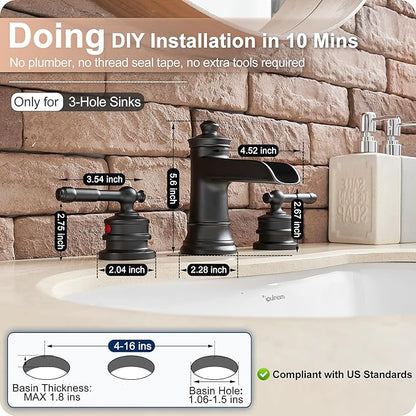 Black Waterfall Bathroom Faucet Widespread, Brass Bathroom Faucets for Sink 3 Hole, 4-16 Inch Faucet Bathroom Vanity Faucet with 2 Handles Supply Hoses & Pop-Up Drain for Modern Farmhouse