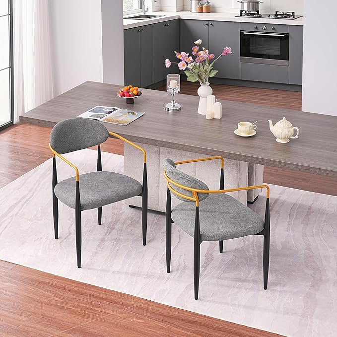 Modern Upholstered Accent Chair Set of 2 with Gold Accented Armrests, Ergonomic Barrel Back, Padded Fabric Seat, Metal Frame for Dining Room, Kitchen Island, Counter, Office (Grey,Dining Chair)