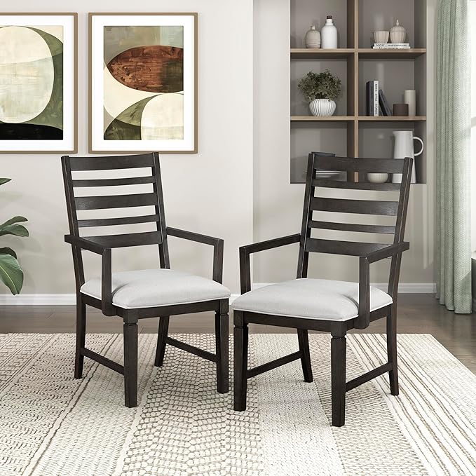 Lexicon Dining Arm Chairs Set of 2, Wood Frame and Beige Textured Fabric Upholstered Seat, Ladder Back, Accent Seating with Arms for Dining Room, Kitchen Table, Office, Easy Assembly, Dark Espresso