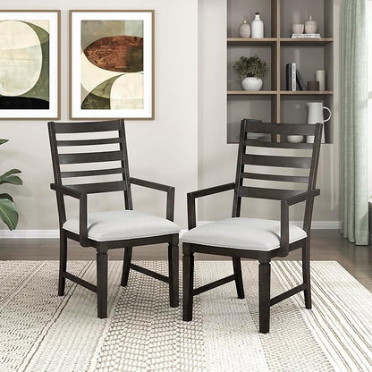 Lexicon Dining Arm Chairs Set of 2, Wood Frame and Beige Textured Fabric Upholstered Seat, Ladder Back, Accent Seating with Arms for Dining Room, Kitchen Table, Office, Easy Assembly, Dark Espresso
