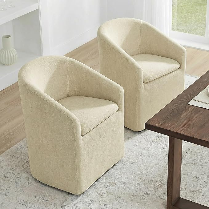 KISLOT Upholstered Dining Chairs Set of 1 with Casters, Modern Side Barrel Armchair with Washable Slipcover & Sturdy Metal Frame for Diningroom Bedroom Livingroom Reading Room, Sand Fabric
