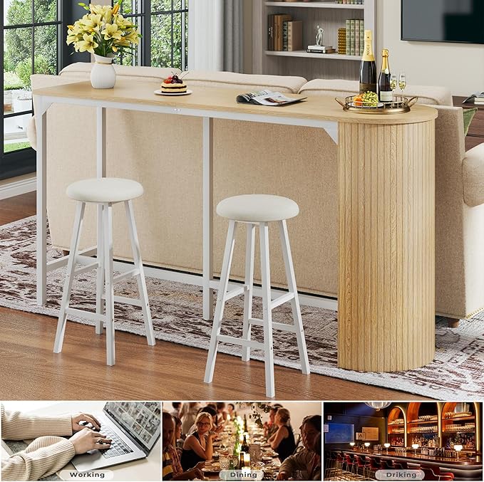 Fluted Bar Table and Chairs Set, 55'' Long Bar Tables with 2 Stools, 3 Piece Counter Height Dining Table for 2, Space Saving Kitchen Table for Bar, Dining Room, Kitchen, Breakfast Nook Corner, Natural