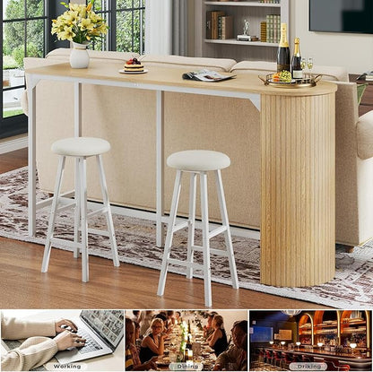 Fluted Bar Table and Chairs Set, 55'' Long Bar Tables with 2 Stools, 3 Piece Counter Height Dining Table for 2, Space Saving Kitchen Table for Bar, Dining Room, Kitchen, Breakfast Nook Corner, Natural