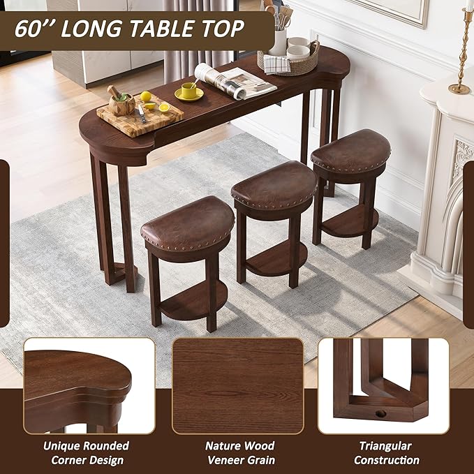 Bar Table and Chairs Set of 4 with 3 PU Upholstered Bar Stools, Breakfast Bar Table, Solid Wood Bar Height Dining Table Set, for Kitchen, Living Room, Party Room, Small Space (Cherry)