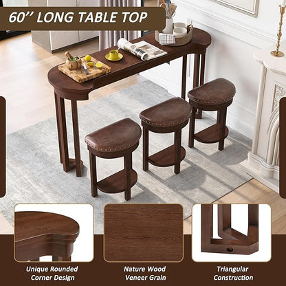 Bar Table and Chairs Set of 4 with 3 PU Upholstered Bar Stools, Breakfast Bar Table, Solid Wood Bar Height Dining Table Set, for Kitchen, Living Room, Party Room, Small Space (Cherry)