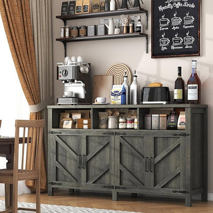 knoworld Buffet Sideboard with Storage Farmhouse with 4 Doors, 55'' Large Kitchen Storage Cabinet Wood Coffee Bar Cabinet Buffet Table with Shelves for Kitchen, Dining Room, Entryway (Gray, 55in)
