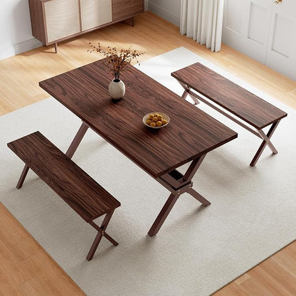 HIPIHOM 63" MDF Kitchen Table Set for 4 with Storage Shelves, Wooden Dining Table with 2 Benches, Thickened Surface and Strong Metal Frame, for Small Apartment Furniture Compact Dining Areas