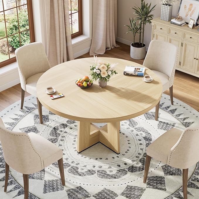 Garvee 47" Round Dining Table for 4-6 People - Circle Kitchen Dinner Table with Sturdy Pedestal Base, Space Saving Dinning Room Furniture for Living Room, Kitchen, Apartment, Natural