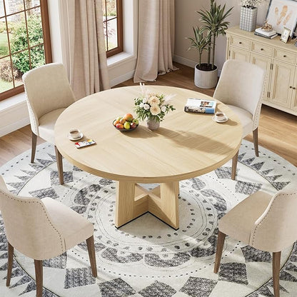 Garvee 47" Round Dining Table for 4-6 People - Circle Kitchen Dinner Table with Sturdy Pedestal Base, Space Saving Dinning Room Furniture for Living Room, Kitchen, Apartment, Natural