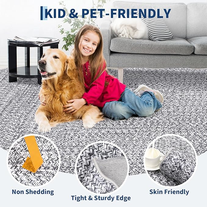 Imitation Braided Collection-Print 4x6 Rug Washable Area Rug Bedroom Rugs with Non Slip Rubber Backing, Farmhouse Soft Low Pile Rustic Accent Rug for Entrance Living Room Home Decor