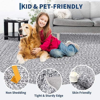 Imitation Braided Collection-Print 4x6 Rug Washable Area Rug Bedroom Rugs with Non Slip Rubber Backing, Farmhouse Soft Low Pile Rustic Accent Rug for Entrance Living Room Home Decor