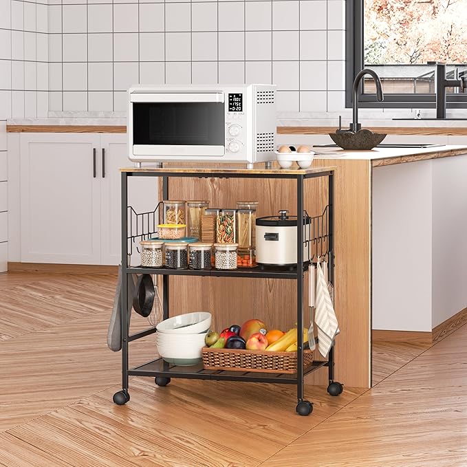 Toutrop Rolling Kitchen Microwave Cart with Wheels, 3 Tier Microwave Storage Cart with Adjustable Shelves, Coffee Table, Utility Cart for Kitchen, Living Room, Office, Laundry Room