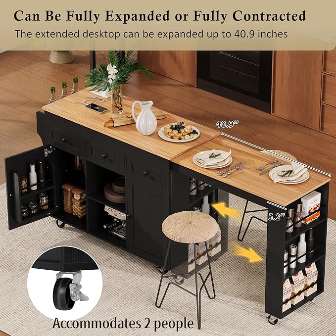 85.5" Kitchen Island with Extendable Dining Table, Rolling Kitchen Island with 3 Side Open Shelves, Power Outlet, Kitchen Storage Table with 3 Drawers, 2 Doors, for Kitchen, Dining Room, Black