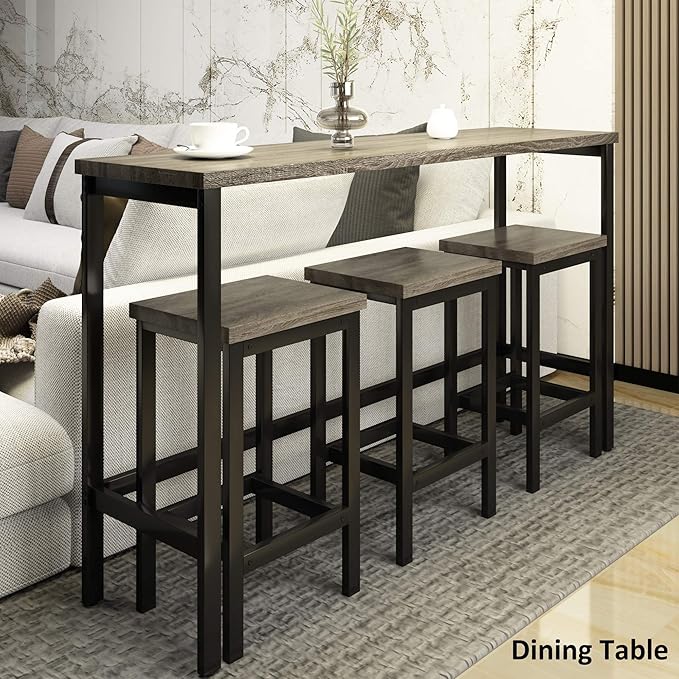 4-Piece Counter Height Extra Long Dining Table Set, Bar Table Set with 3 Stools, Side Table with Footrest Pub Kitchen Set (Gray)