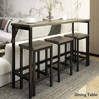 4-Piece Counter Height Extra Long Dining Table Set, Bar Table Set with 3 Stools, Side Table with Footrest Pub Kitchen Set (Gray)