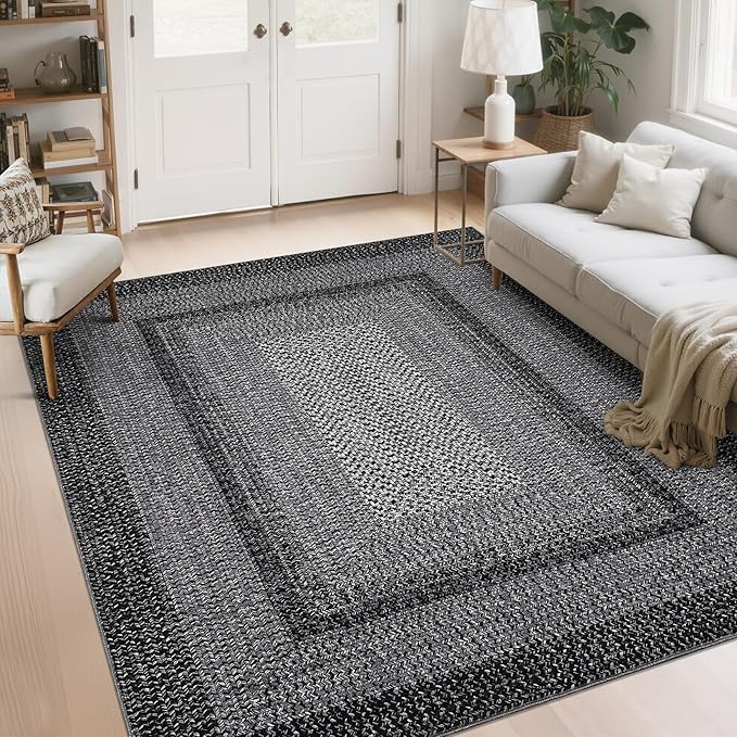Imitation Braided Collection-Print Washable Area Rugs 6x9 Rug for Living Room Non Slip Modern Soft Bedroom Rug Farmhouse Throw Rugs Stain Resistant Carpet for Classroom Dining Room 5'x7'
