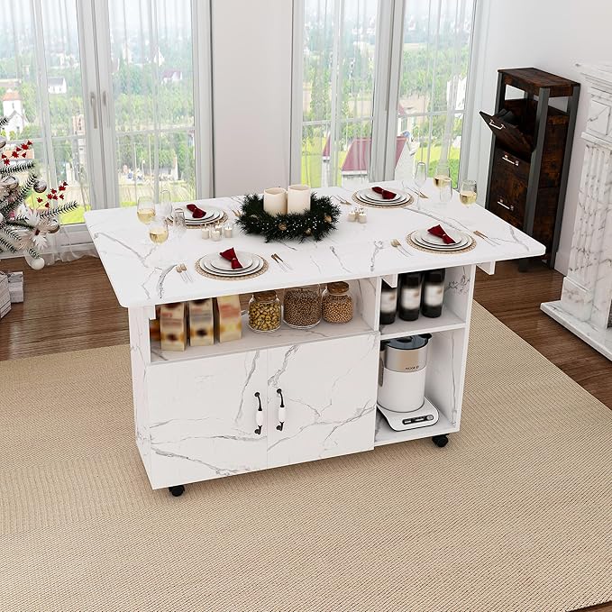 47" Folding Dining Table with Storage Shelves, Multi-Functional Rolling Kitchen Island on Wheels, Compact Desk for Small Spaces, Kitchen, Dining Room, Work, White