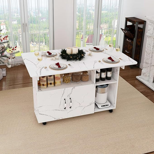 47" Folding Dining Table with Storage Shelves, Multi-Functional Rolling Kitchen Island on Wheels, Compact Desk for Small Spaces, Kitchen, Dining Room, Work, White