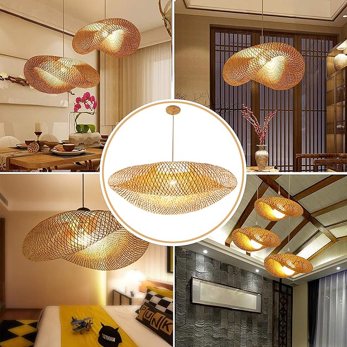 GCQ Bamboo Lantern Pendant Lamp, Retro Japanese Style E27 Chandelier Hanging Light Ceiling Lighting Fixture for Living Room Bedroom Restaurant Cafe Teahouse Bar Dining Room Club